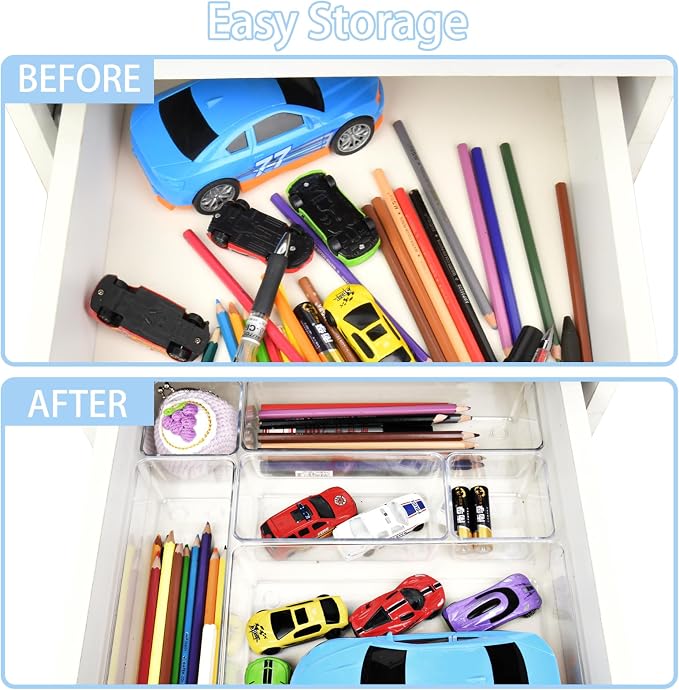 Manalete 15 Pcs Clear Plastic Drawer Organizer, Makeup & Vanity Organizer | 4-Size Versatile Desk Organizer & Storage Bins for Kitchen, Bathroom, Office, Jewelries, Easy Clean, Stackable, BPA-Free