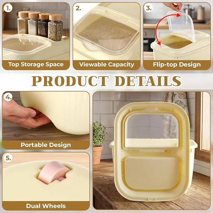 Blushtier 4 Pack Sugar Storage Containers Flour Bin with Wheels Large Pet Dog Food Storage Boxes Measuring Cup Sealed Transparent Flip Lid Portable Household Rice Container Set (Yellow,20 Lbs)