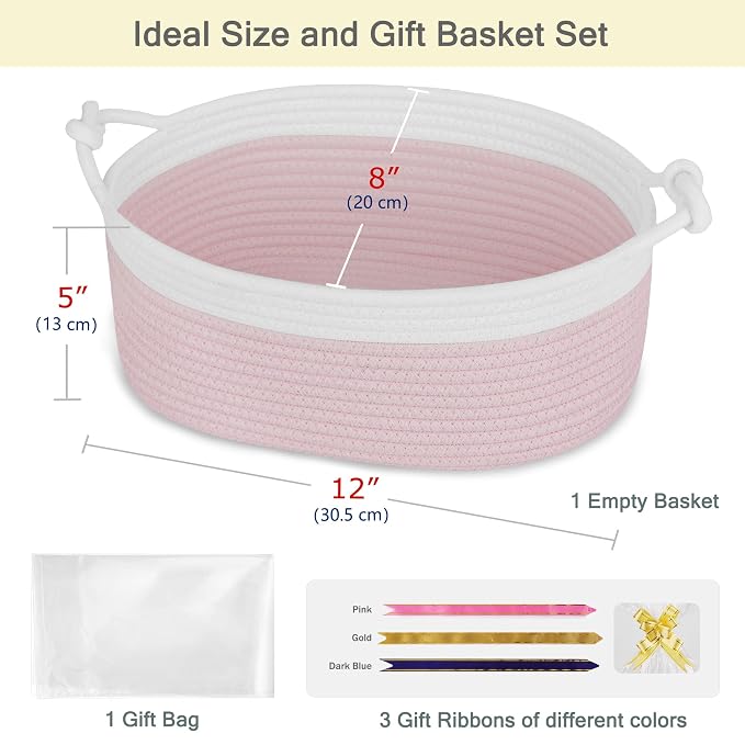 Small Empty Gift Basket with Bag & Ribbons, White & Light Pink | 12“x8”x5”, Cotton Rope Woven Basket for Birthdays, Baby Showers, Mother's Day, Christmas; Stores Small Items, Kids & Pet Toys