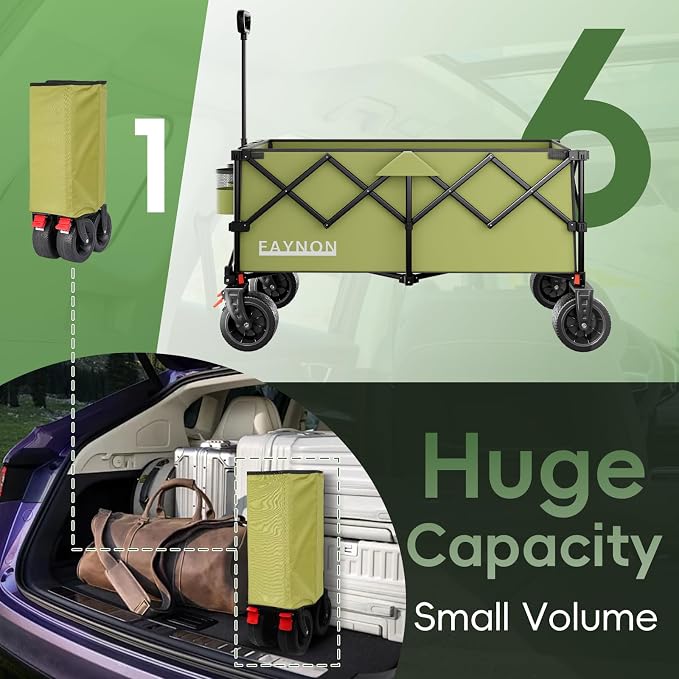 46" L Collapsible Foldable Extended Wagon, 500LB Weight Capacity with 280L Heavy Duty Folding Cart,Utility Wagon with All-Terrain Beach Wheel & Drink Holders,Green