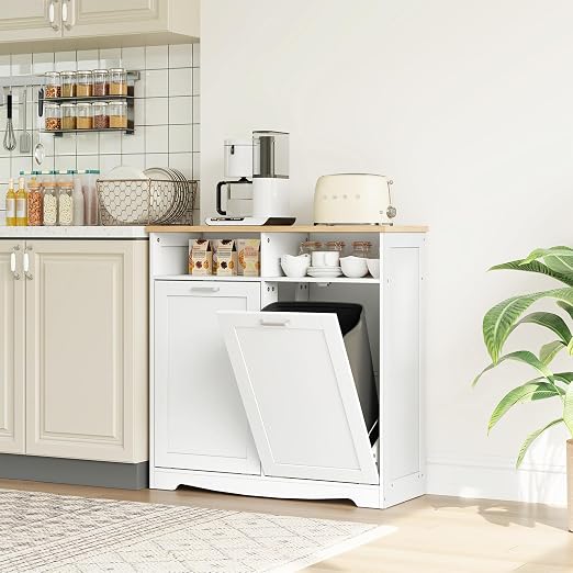 HOOBRO Double Tilt Out Trash Can Cabinet, 20 Gallon Kitchen Trash Bin Cabinet, Hidden Trash Storage with Open Compartments, Hidden Laundry Hamper, for Kitchen, Laundry, White and Natural WN04LJ01