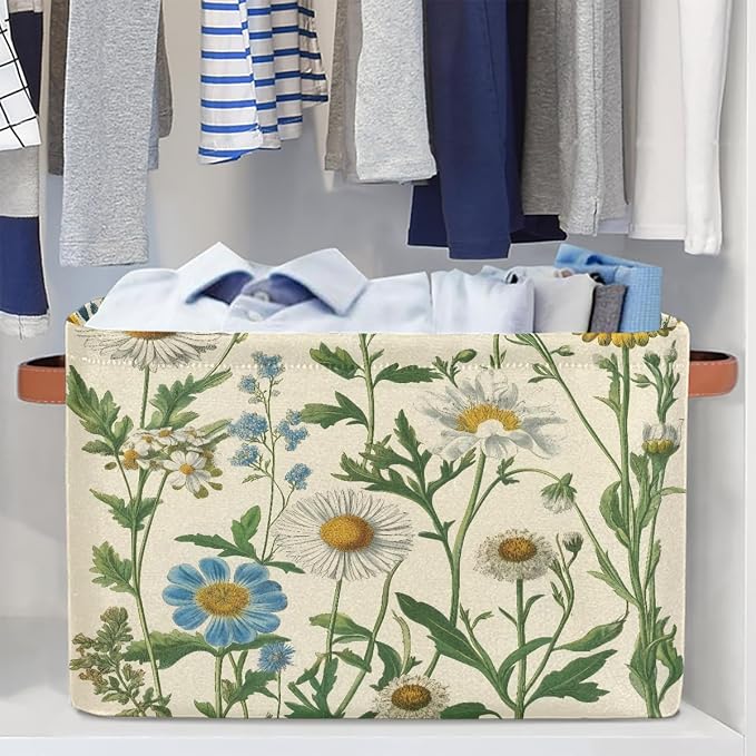 Fabric Storage Basket with Handles, Vintage Daisy Storage Cube Box Collapsible Toy Basket Organizer Bin for Shelf Closet Bedroom Home Office