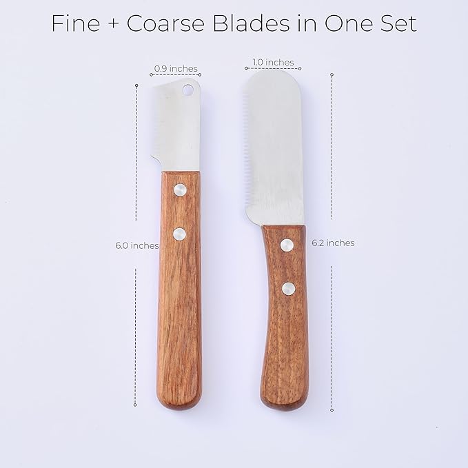 Carding Knife for Dog Grooming, Undercoat Removal Comb for Terriers and Double Coated Breeds, 2 Piece Fine and Coarse Wooden Handle Set for Professional Groomers and Home Use