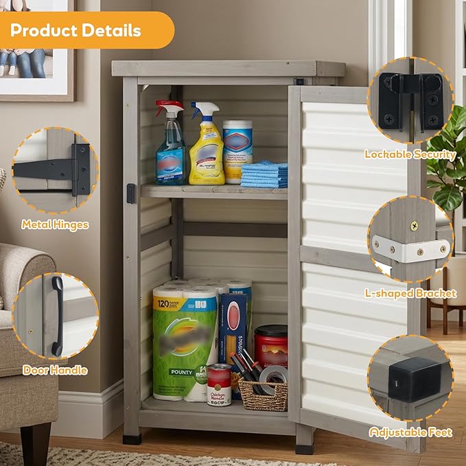 Outdoor Storage Cabinet with Metal Top, Wooden & Plastic Potting Bench & Tool Organizer, Adjustable Shelf for Patio Backyard Garden, Small Outdoor Cabinet for Tools