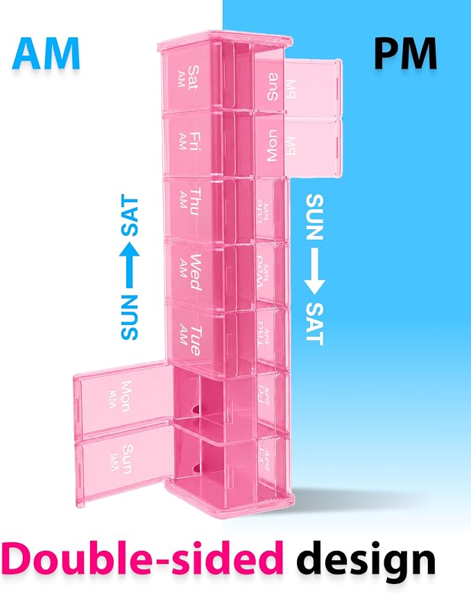 Extra Large Pill Organizer - XXL Vitamin Holder for Weekly Supplements - Double Sided Pill Box 7 Day with Big AM PM Compartments Huge Daily Medicine Dispenser 2 Times a Day Reliable and Easy-to-Use