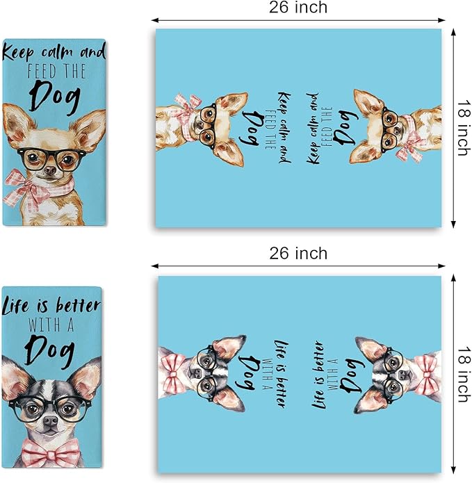 Funny Chihuahua Kitchen Dish Towels Set of 2, Blue Life is Better with a Dog Bow Drying Hand Towel Baking Cooking Cloth, Pet Dog Owner Lover Gifts Bathroom Home Decoration 18'' x 26''