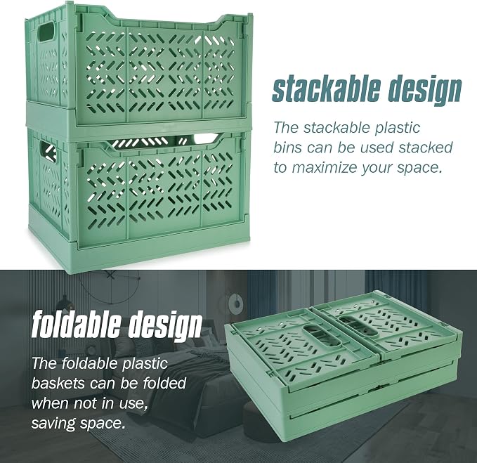 2 Pack Stackable Storage Crates, Plastic Foldable Baskets Tall Green | Easy-carry handles, suitable for toys books groceries office supplies and household storage for home office shopping