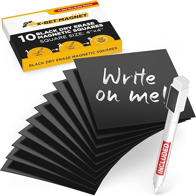 X-bet MAGNET Dry Erase Magnetic Labels, 4x4 (10x10cm), 10 pcs, Black | Reusable Write-On Magnet Stickers for Fridge, Whiteboard & Classroom, Erasable Blank Labels & Sticky Notes