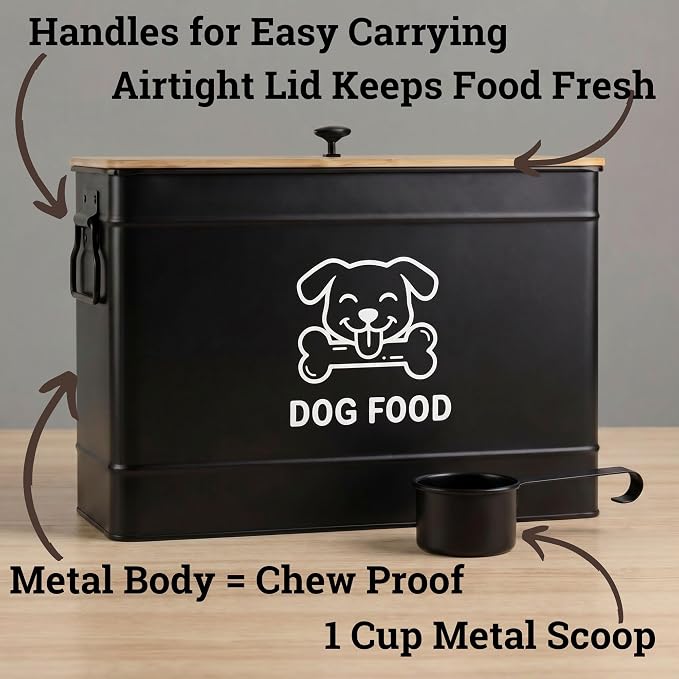 Metal Dog Food Container 15-20 lbs w/ Airtight Bamboo Lid, 70 Cup Capacity | Pet Jar For Dogs up to 100lbs, Airtight Bamboo Lid, Sturdy Comfortable Metal Handle, Powder Coated Iron, Kibble Storage Bin