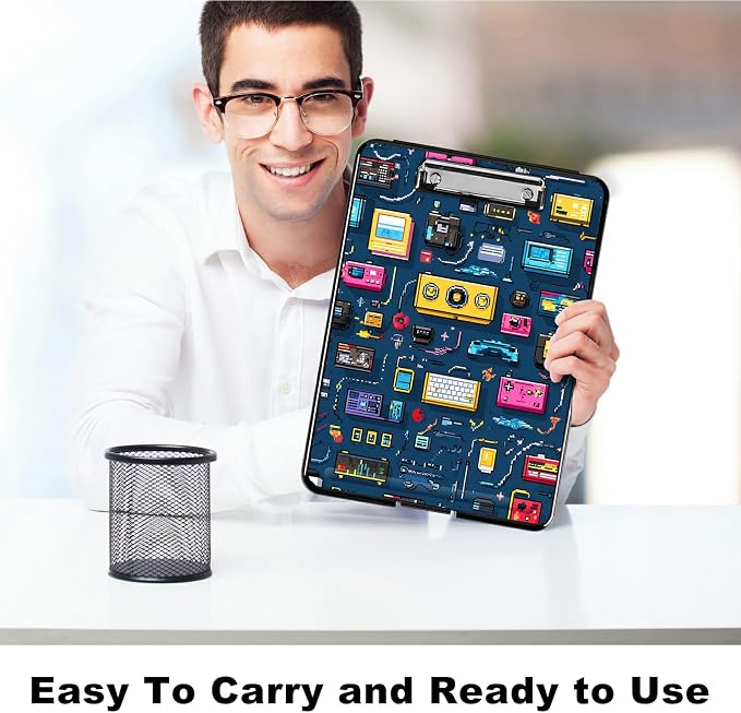 Heavy Duty Storage Clipboard, Slim Nursing Clipboard with Internal Pen Case, Portable File Organizer Case for A4 Letter Size Paper Office Medical Professionals, Retro Radio
