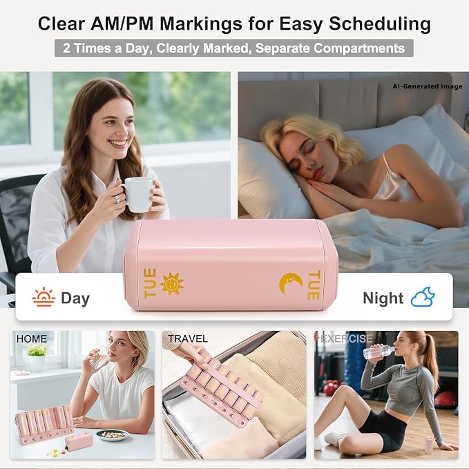 Weekly Pill Organizer 2 Times a Day, AM PM Travel Pill Organizer 7 Day for Vitamin Medicine Supplement Fish Oil, Pink Twice a Day Medicine Pill Box with a Rotatable Handle