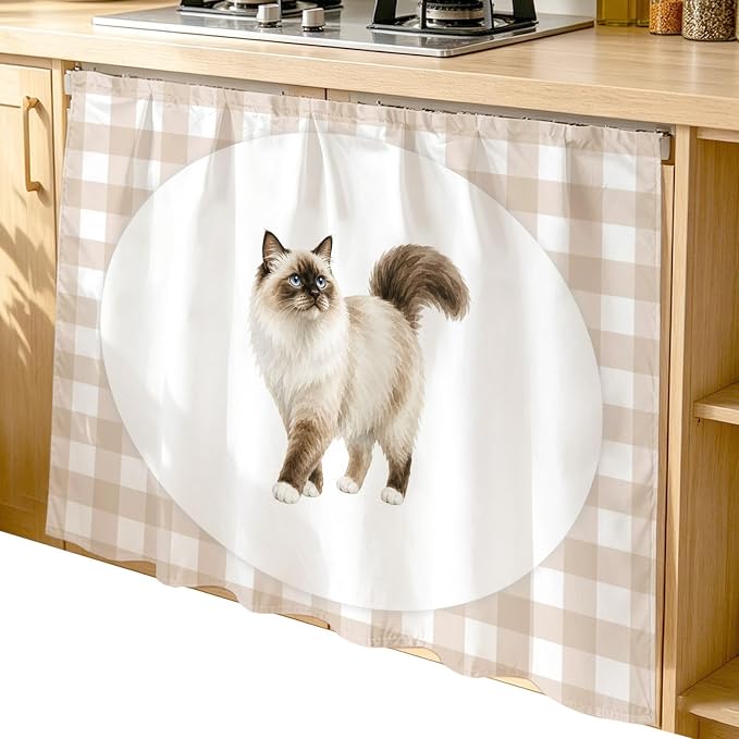 Ragdoll Cat Cabinet Dishwasher Hidden Curtains, Privacy Closet Door Curtain, Modern Linen Plaid Farmhouse Pet Cats Adhesive Dust Proof Under Sink Skirt for Bathroom Kitchen 35"x35"