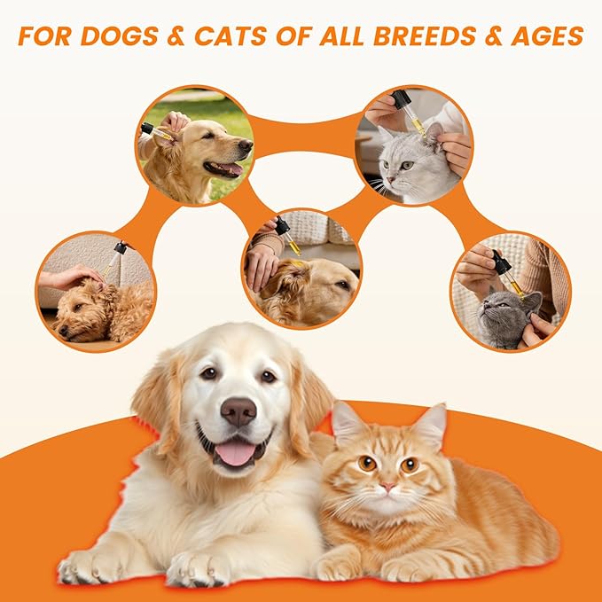 4 Pack Dog Ear Drops, Dog Ear Cleaner Drops, Ear Infection Treatment for Dogs and Cats, Natural Herbal Ear Cleaning Solution for Dirty,Itchy,Smelly,Inflammed Pet Ears, 2 oz with Dropper