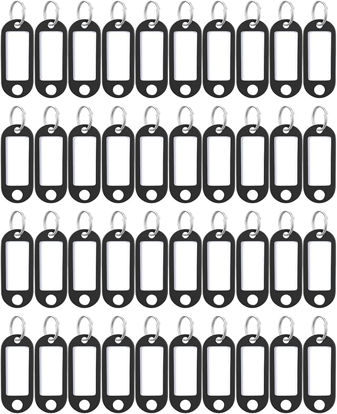 Uniclife 40 Pack Key Tags 2 Inch Plastic Key Chain Tags with Label, Black | Writable key tags with clear windows, blank paper labels, protective films and split rings for easy item identification