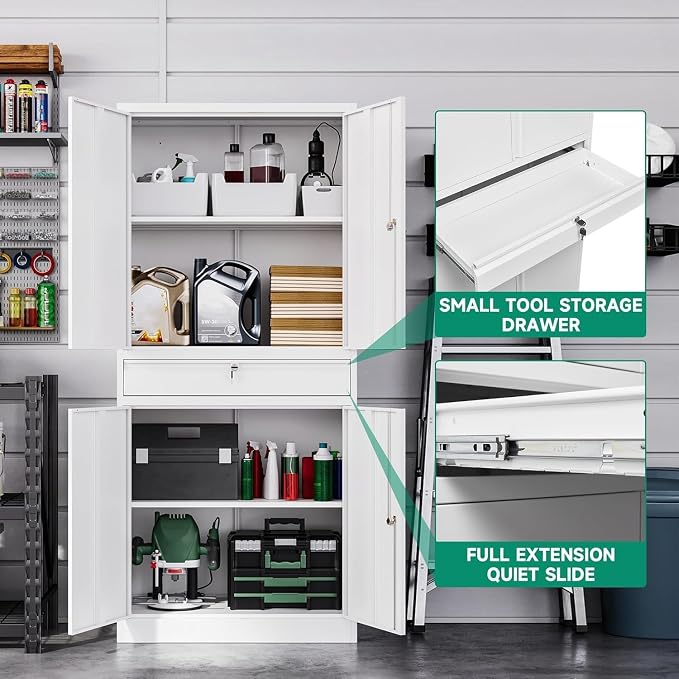 Metal Garage Storage Cabinet with Drawer,4 Door Tool Cabinet with Lock-2 Adjustable Shelves for Garage Home Office Utility Room (White)