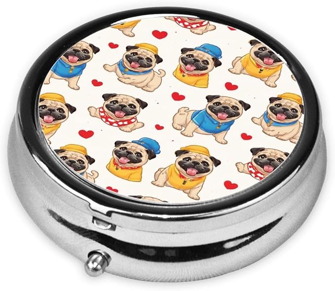 Love Pug Portable Pill Organizer | 3 Compartment, With Mirror, For Men Women, For Daily Supplements, Vitamins, Fish Oil, Jewelry, Candy, Travel