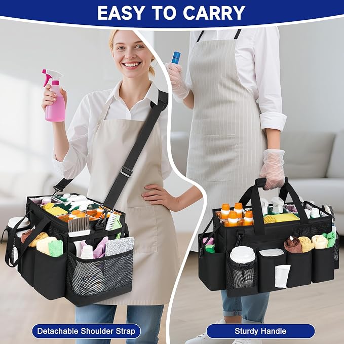 Cleaning Caddy Bag, Extra Large Cleaning Supply Bag for Housekeepers,Black | Sturdy Cleaning Caddy Organizer for Cleaning Supplies with Handle and Adjustable Shouder Strap, Easy to Clean Design