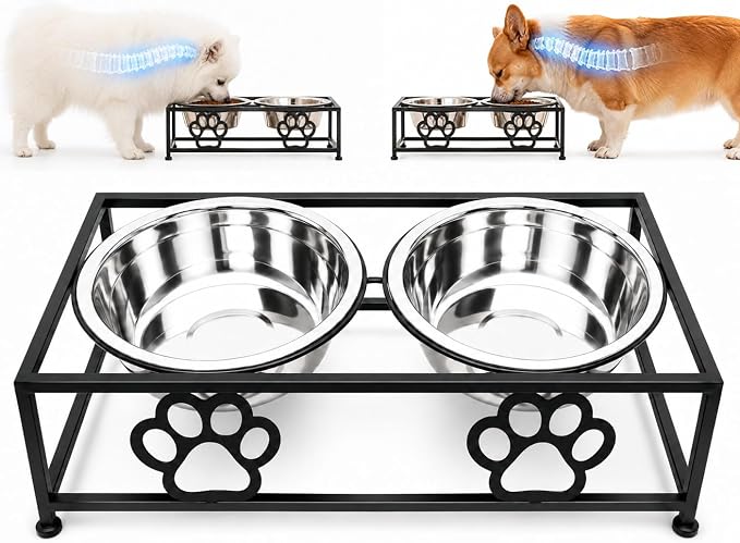 Raised Dog Bowls for Small Dogs, Elevated Bowl Stand Stainless Steel Dishes | Small Dog Bowl Stand with Two Thickened 5.3 Inch Stainless Steel Food Bowls, Raised Dog Dishes for Small & Medium Dogs, Black