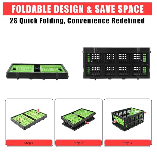 Garvee Collapsible Crate, 55L Foldable Plastic Milk Storage Crate, Green | Heavy Duty Stackable Plastic Crates Folding Storage Baskets for Groceries, Moving, Camping & Car Storage