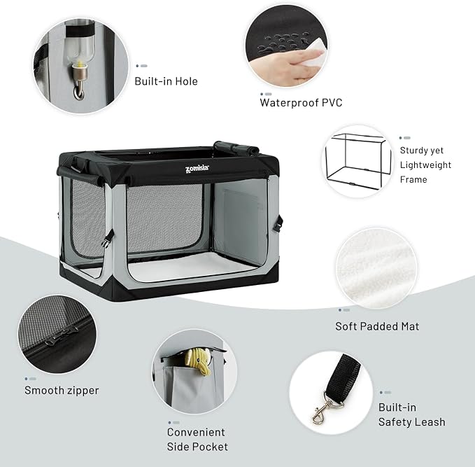 ZOMISIA 36 Inch Collapsible Dog Crate for Large Dogs, Travel Dog Crate Grey | Portable Dog Crate Soft Sided, Easy Fold & Setup Kennel, Indoor & Outdoor, Breathable Mesh Windows, Built-in Leash, Plush Pad
