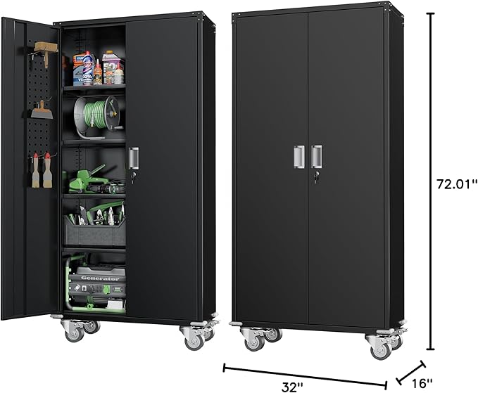 Greenvelly Metal Storage Cabinet with Wheels, 72" Black Garage Rolling Cabinet with Doors and 4 Shelves, Steel Locking Cabinets Tall Tool Lockable Storage Cabinets for Basement, Pantry, Home Office