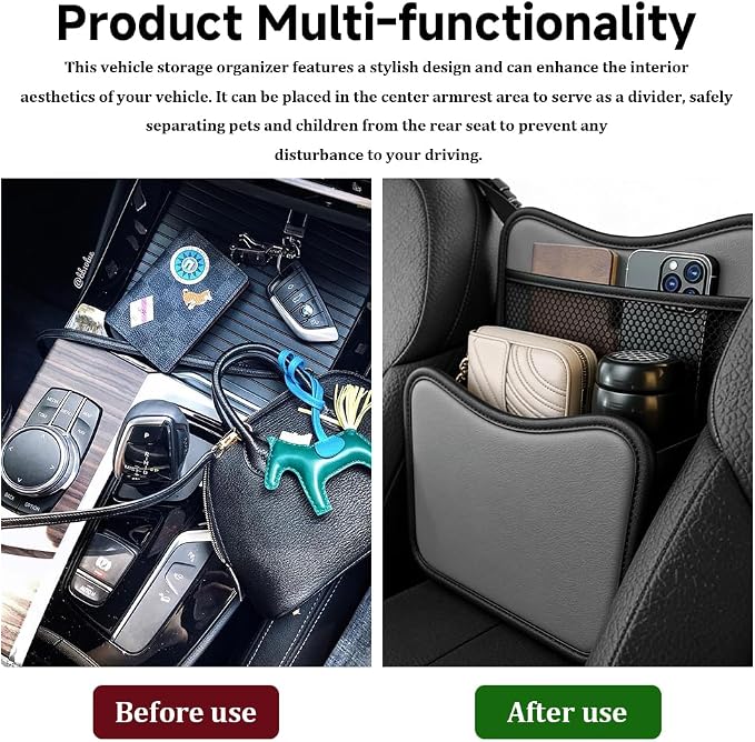 Car Organizer Storage Between Seats, Car Purse Holder, Nappa Leather Front Seat Storage Bag with Tissue Holder, Large Capacity Auto Console Organizer for Document Phone Wallet Snack (White)