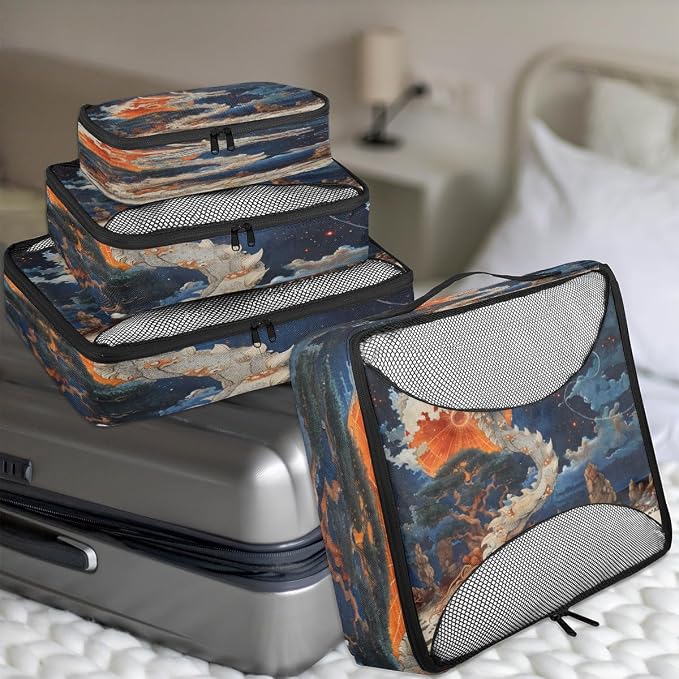 Dragon 4 Set Travel Packing Cubes for Accessories, Suitcase Organizers Luggage Bags Set with Double Zippers & Mesh Top