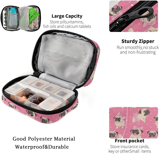 Fustylead Cute Cartoon Pugs Puppies in Pink Ballerina Tutu Bow and Dots Pill Organizer for Purse, Weekly Portable Pill Box with Zipper to Storage Vitamins Fish Oils Medications Supplements