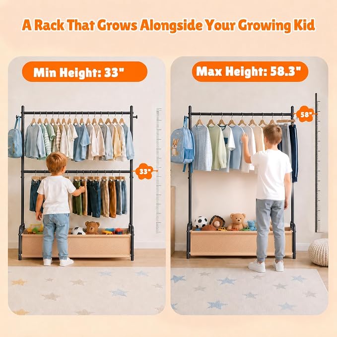 Kids Clothes Rack with Double Rod Height Adjustable Clothing Rack Black | Storage Basket & Hooks, Height Adjustable Kids Clothes Rack, Portable Baby Dress Up Garment Rack for Princess Dresses