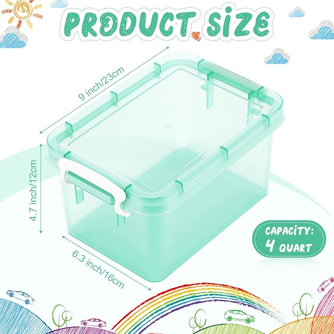 6 Pack Colorful Plastic Storage Bins with Lids 4 Quart Small Storage Latch Box Stackable and Nestable Clear Organizer Bins with Latching Handle and Buckle for Organizing (Pastel)