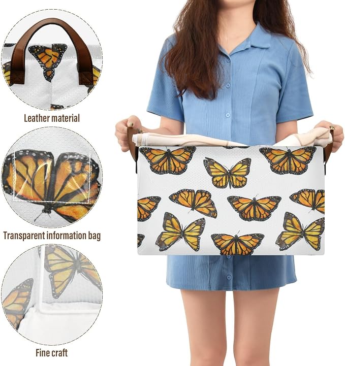 Watercolor Monarch Butterfly Storage Basket Foldable Cube Storage Bins with Handles&Label Waterproof Collapsible Organizer Box Bin Large Rectangle Decorative Baskets for Shelves Home Room Laundry