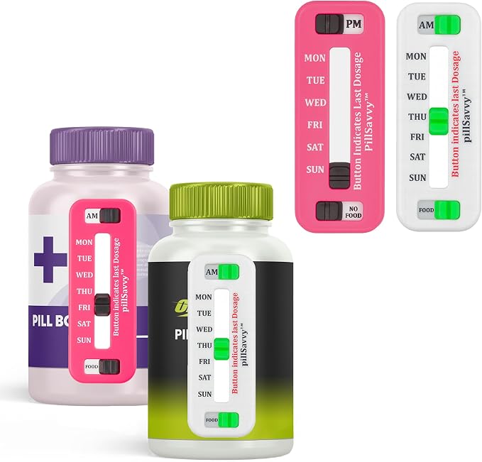 PillSavvy™ Daily Pill Tracker – Non-Digital, Reusable Medication Reminder for Bottles & Organizers – Easy to Use, Curved Back – Track Prescriptions, Vitamins, Supplements & Pet Meds (White, 5 Pack)