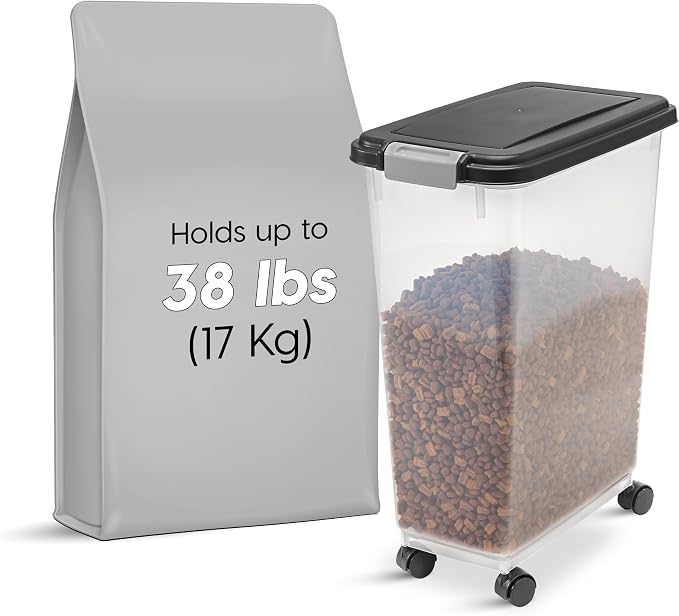 IRIS USA Dog Food Storage Container, Up to 38 lbs, Black, Made in USA | Wheels for Mobility, Airtight Seal, BPA-Free, Best for Bird Seed, Cat food, Cat Litter, Chicken Feed, Pellets