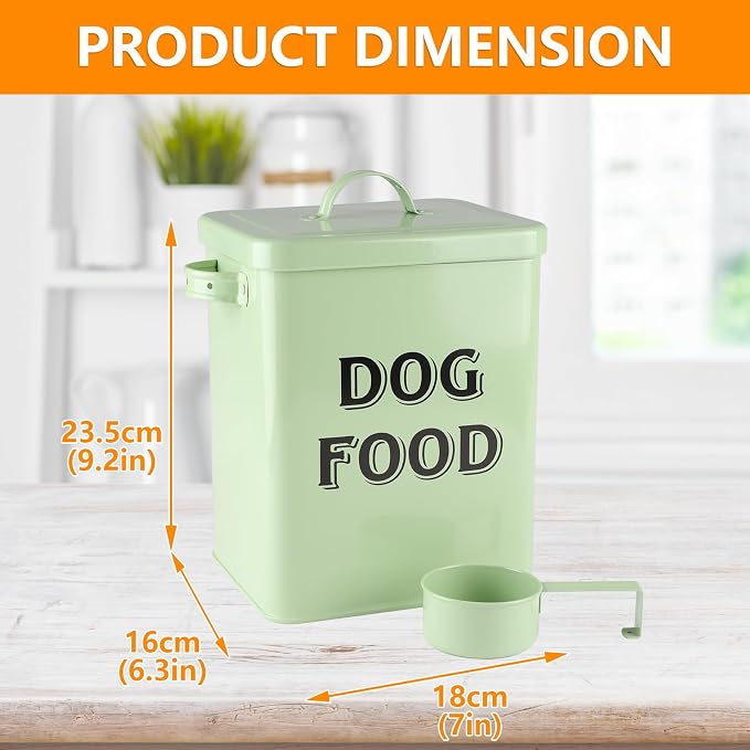 Morezi Metal Dog Food Storage Container Airtight Pet Food Treat Bin 6 lbs | Vintage Durable Canister Dog Treats Tin with Lid& Scoop for Kitchen Countertop, Shelf, Great Gift for Pet Owners(Green)