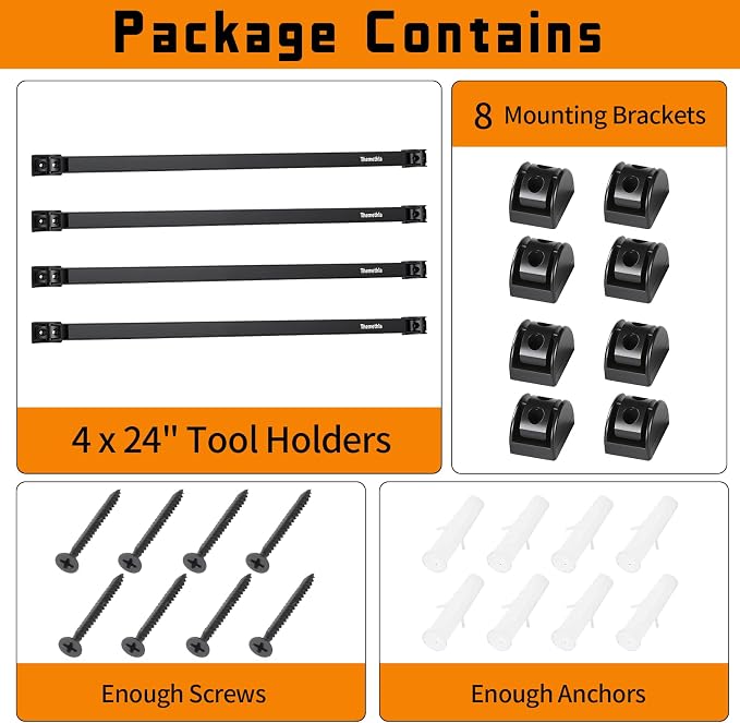 24" Magnetic Tool Holder Strip, 4 Pieces Black Metal Tool Organizer Rack with Stainless Steel Surface, Magnet Bar for Garage Workshop, Easy To Install with Mounting Screws