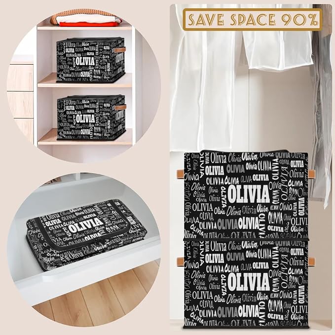 Custom Storage Baskets for Kids with Name, Large Solid Black Foldable Organizer Collapsible Storage Bin with Zipper Lid Leather Handle for Home Toys Closet Nursery