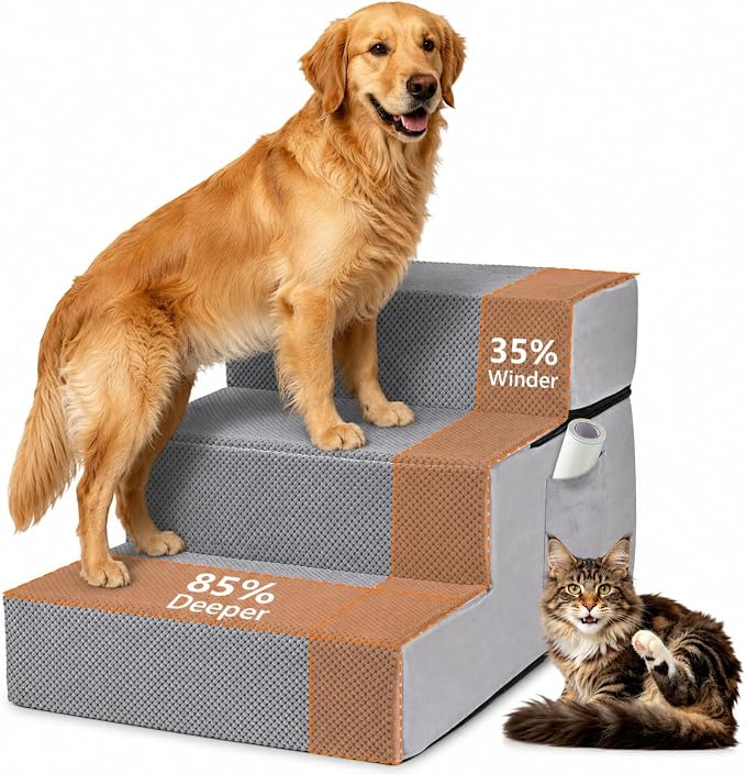 Dog Stairs for High Bed, Dual Reinforced Support Pet Steps for Large Dogs | 18" H Foam Pet Ramp with Storage Pocket, Washable Cover and Anti-Slip Bottom for Easy Climb, Senior Dogs & Cats Up to 120lbs
