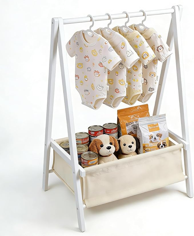 Baby Clothing Rack for Baby Shower, Pets Clothes Rack with Storage Box & Hanging Rod for Dogs/Cats, Mini Dolls Closet Rack, Bamboo Baby Shower Rack for Nursery Room (White)