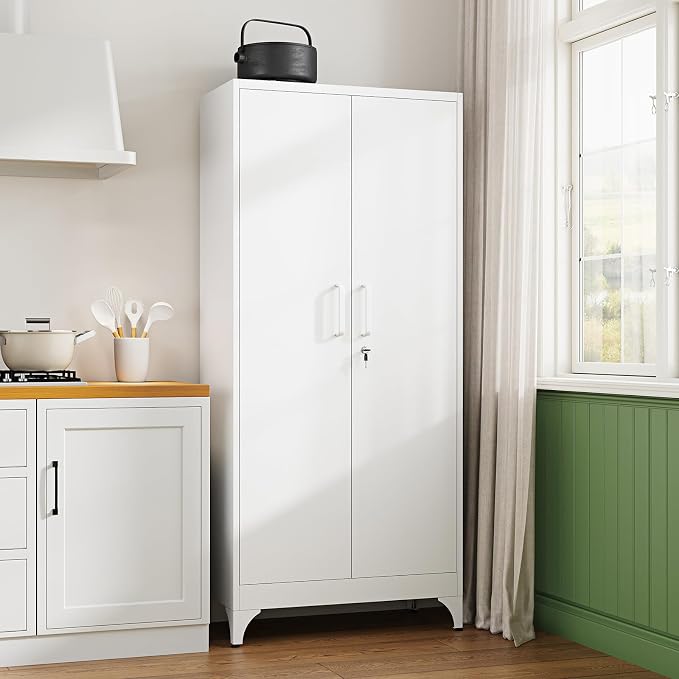 71" H Metal Storage Cabinet with 2 Doors and 4 Shelves,Tall Kitchen Pantry Cabinets,Utility Pantry Organizers for Cupboard/Dining/Bathroom/Home Office/Garage, Steel Tool Cabinets