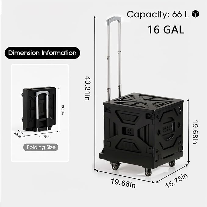 VECELO 66LHeavy-Duty 2-in-1 Foldable Utility Cart, Large Capacity Rolling Crate, Thickened Material with Silent Swivel Wheels, Dual Modes (Basket/Flatbed) for Grocery, Laundry, Camping, Black