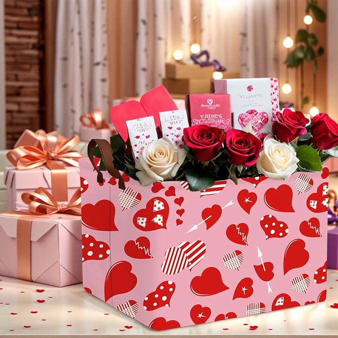Cute Large Valentine's Day Gift Basket Empty Heart Decor Storage Bin for Kid Baby Room Décor (Striped Red Heart)