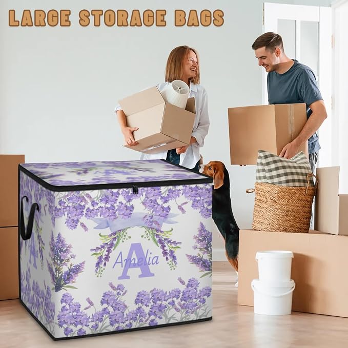 Custom Comforters Storage Basket with Lid, Personalized Name Large Organizer Bin for Clothes, Perfect for Rooms, Watercolor Purple Lavender Florals