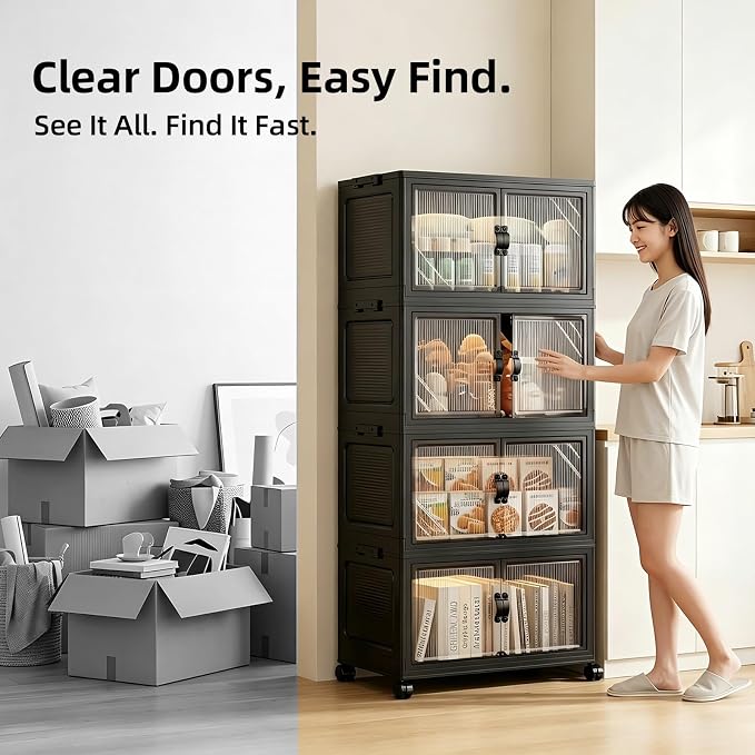 5-Tier Foldable Storage Cabinet with Wheels & Lid, 242QT Large Stackable Organizer, No Tool Required, Storage Cabinet for Garage, Home Office, Pantry, Kitchen, Dorm