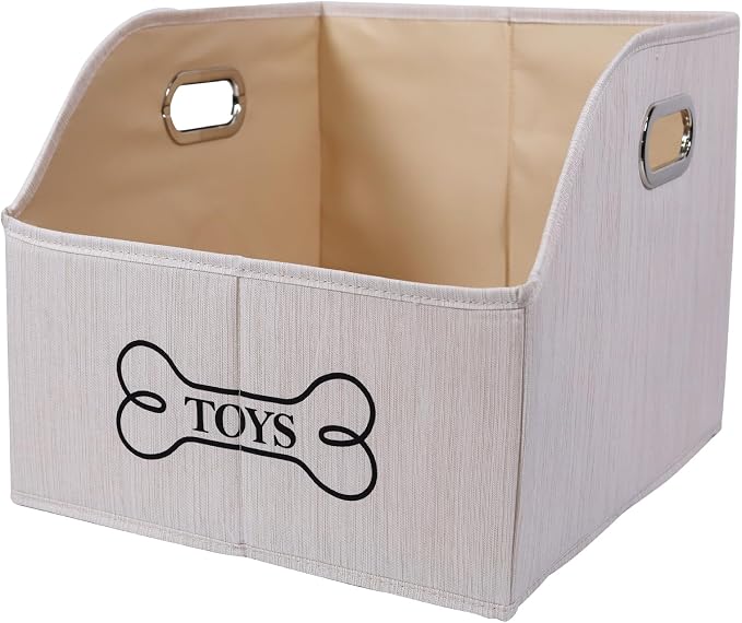 Large Dog Toy Storage Bin, Foldable Trapezoid Box with Handles | Canvas Fabric,Large Capacity, for Pet Supplies,Pet Toy Organizer Basket, Sturdy Metal Handles ,Easy Carry pet storage-Beige