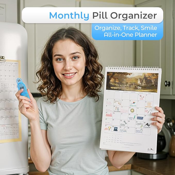 Monthly AM/PM Pill Organizer - Color & Number-Coded 30/31-Day Pill Box with Secure Lids, BPA-Free & Travel-Friendly Design | Large Compartments for Vitamins, Supplements, Medications（Blue