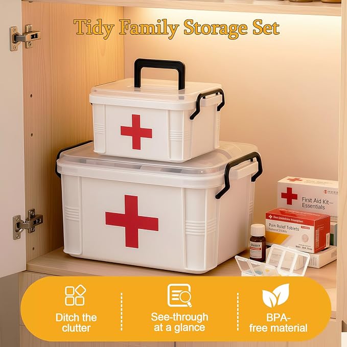 2 Pack Clear Medicine Organizer Box with Handle, Plastic Medicine Container with Tray First Aid Box Empty, Thickened Medicine Storage Organizer Multipurpose Medication Organizer Storage, White
