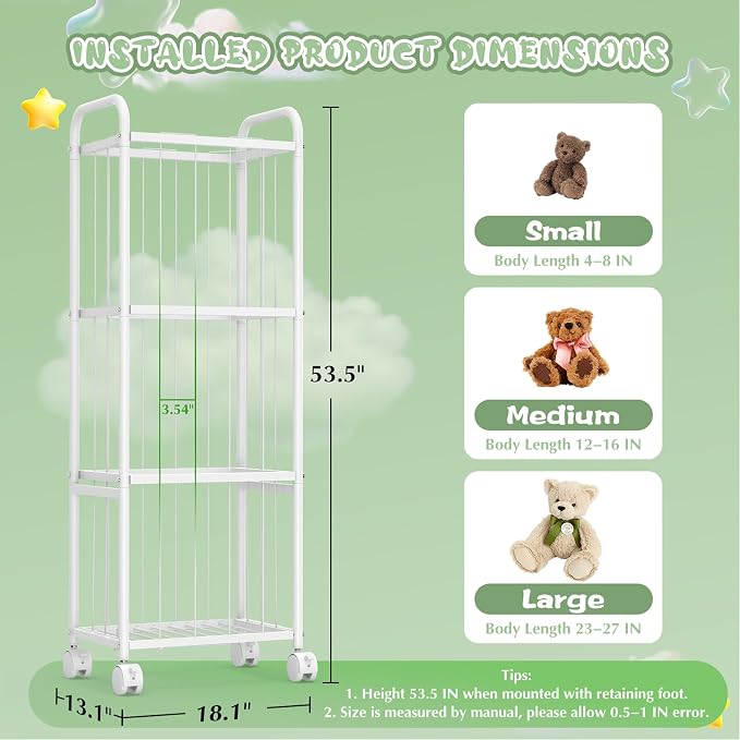 Stuffed Animal Storage Organizer with Wheels for Nursery Playroom | 53.5"x18.1"x13", holds 50+ plushies, sturdy metal frame, 4 casters with 2 brakes, wall anchor included, rounded corners