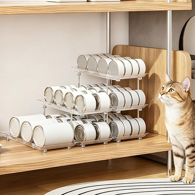 Can Organizer Rack, Four Layers | Clear PET Kitchen Storage Shelf with Tiered Open-Front Access, Vertical Cabinet Countertop Use