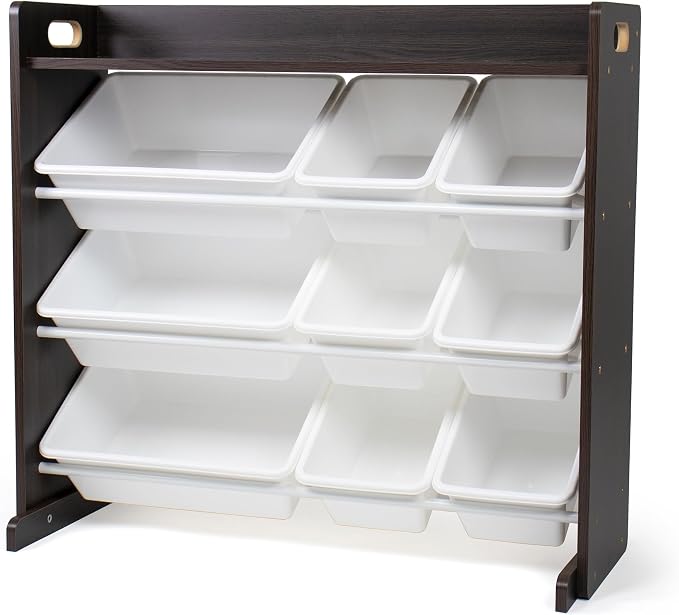 Humble Crew Kids Toy Organizer with Display Shelf, 9 Bins, 3 Tier Storage | Sturdy wood and steel toddler shelf, removable BPA-free containers, wall anchor anti-tip safety kit for bedroom or classroom