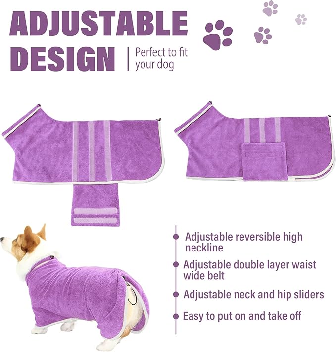 Dog Robe - Fast Drying Towel - Microfiber Super Absorbent Pet Bathrobe, Adjustable Collar & Belly Strap (Purple, XX-Large)
